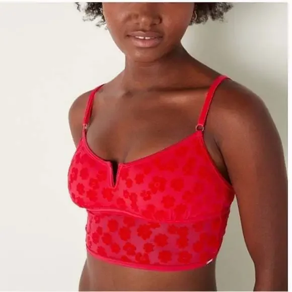 Victoria’s Secret PINK Red Floral Flocked Mesh Bralette - Picture 3 of 8
